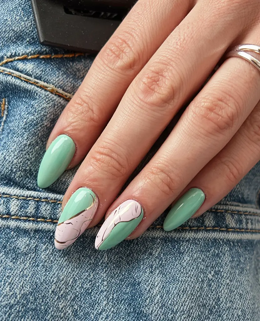 almond nails 2026 Mint Marbling with a Soft Sketch Twist