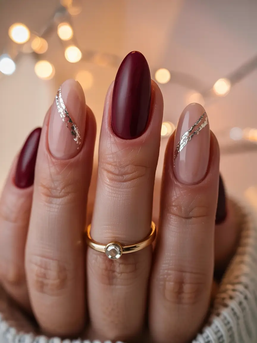 almond nails 2026 Wine & Foil Sophistication