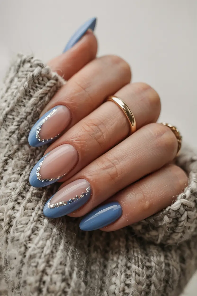 almond nails 2026 Half-Moon Sparkle with Dusty Blue