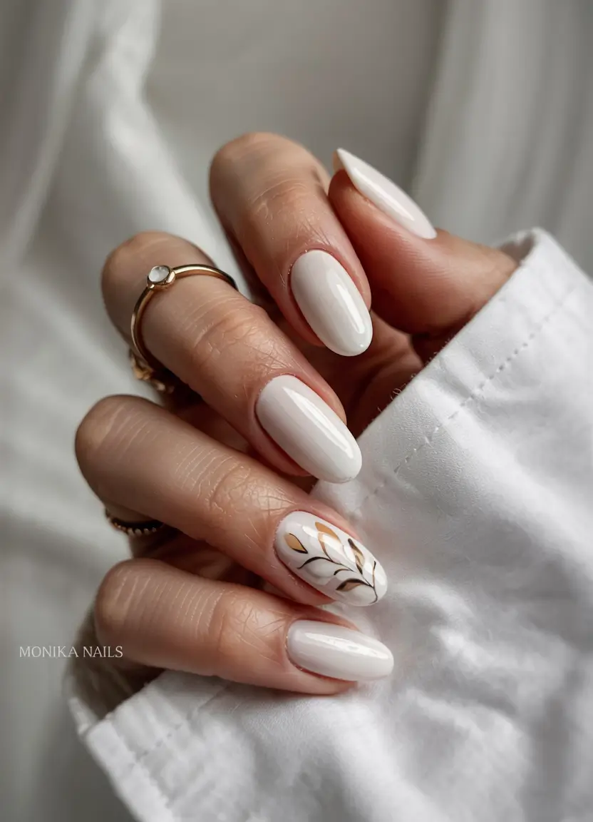 almond nails 2026 Clean Porcelain with Golden Leaf