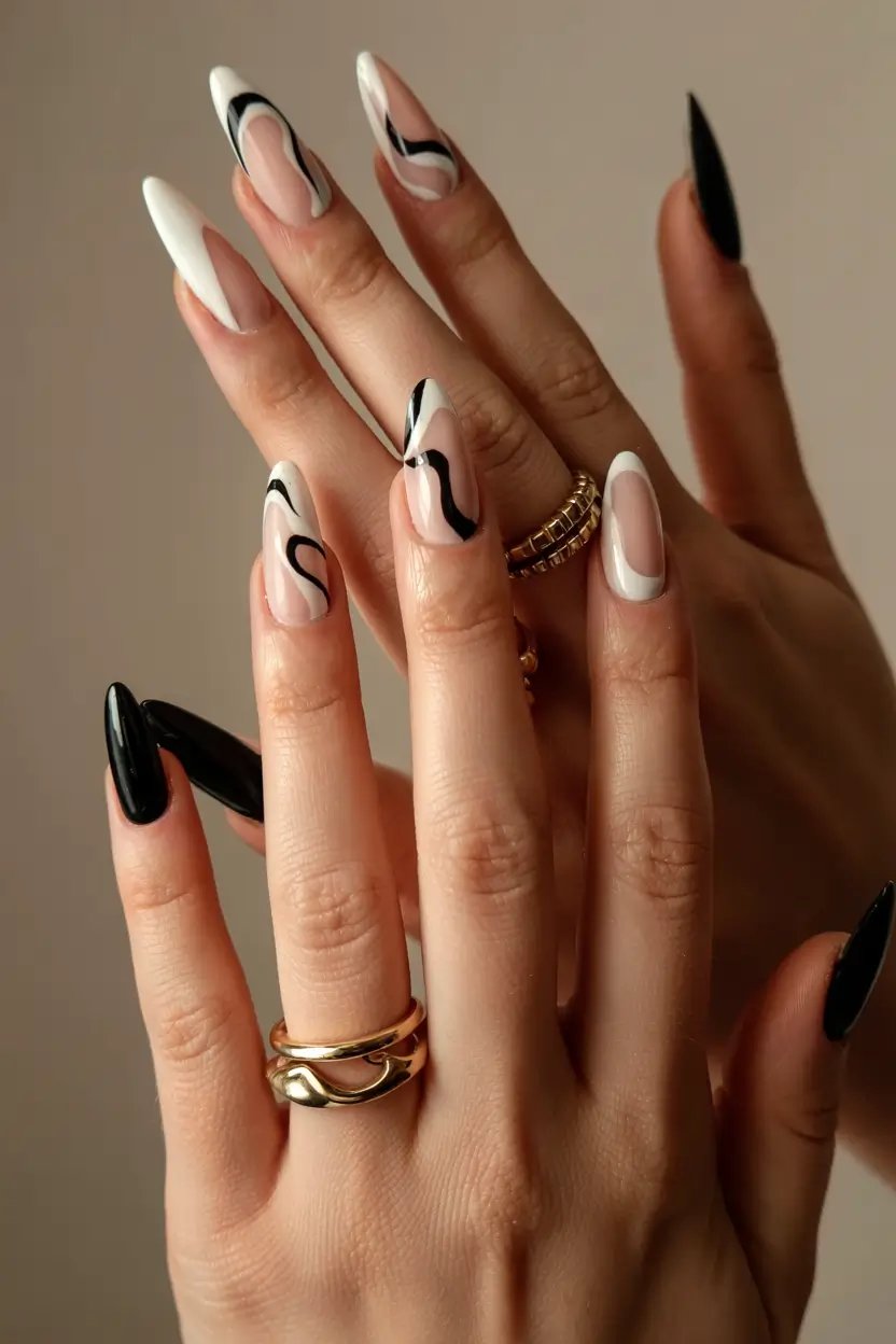 almond nails 2026 Monochrome Wave Fusion