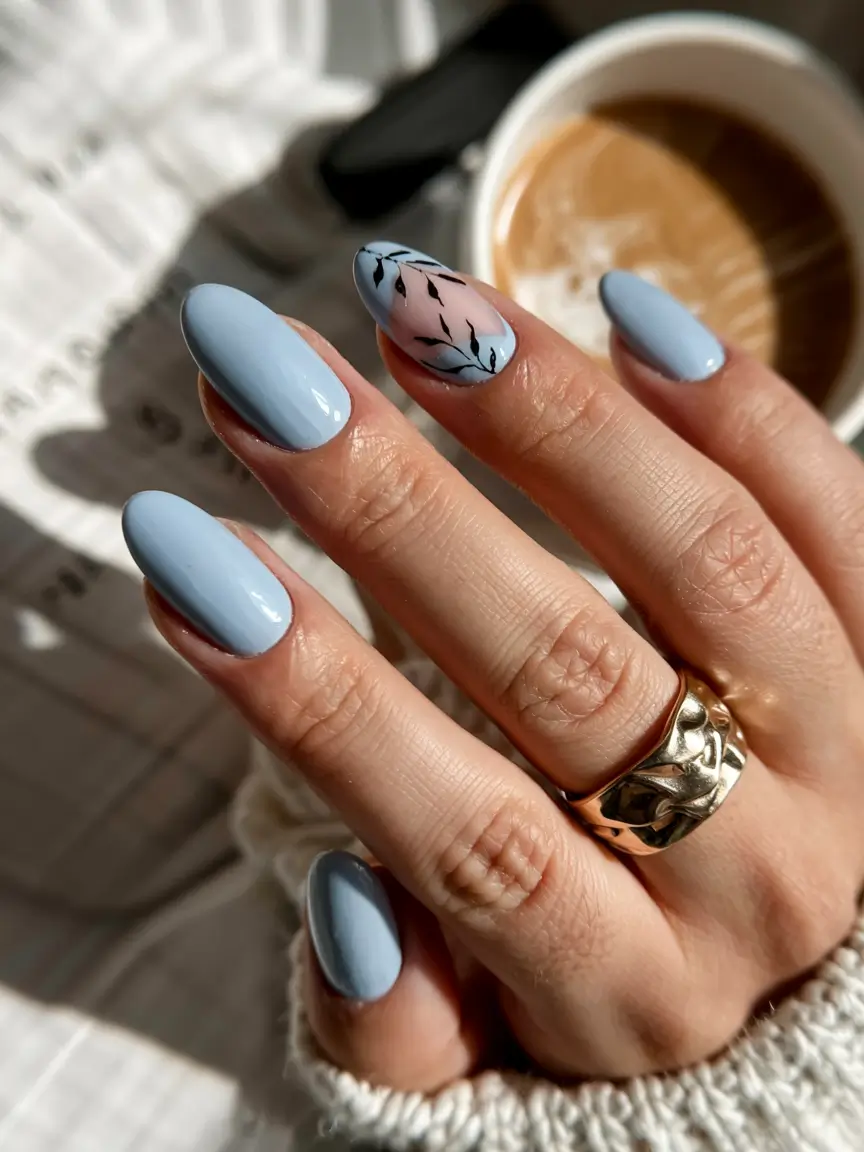almond nails 2026 Dusty Blue and Delicate Botanicals