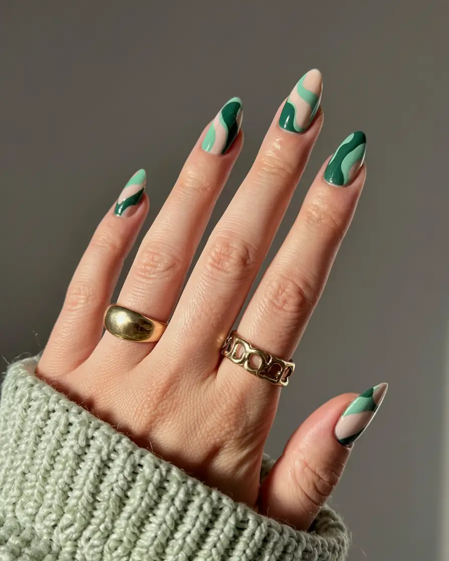 almond nails 2026 Layered Forest Swirl