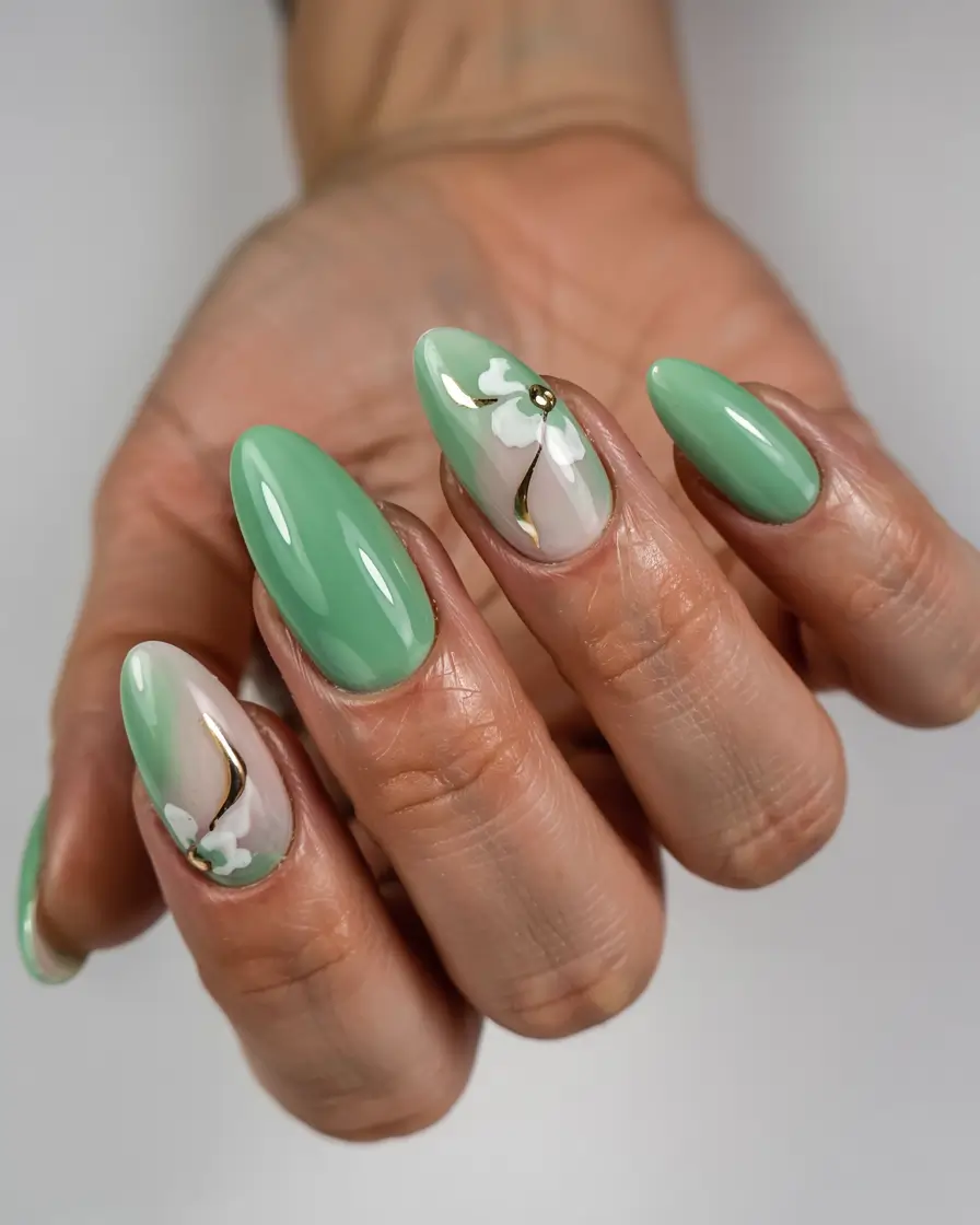 almond nails 2026 Soft Floral Mint Bloom