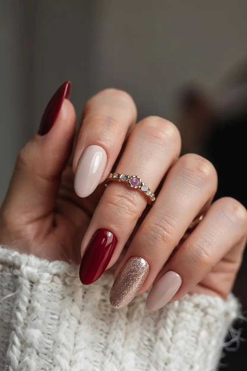 almond nails 2026 Garnet and Nude Luxe Mix