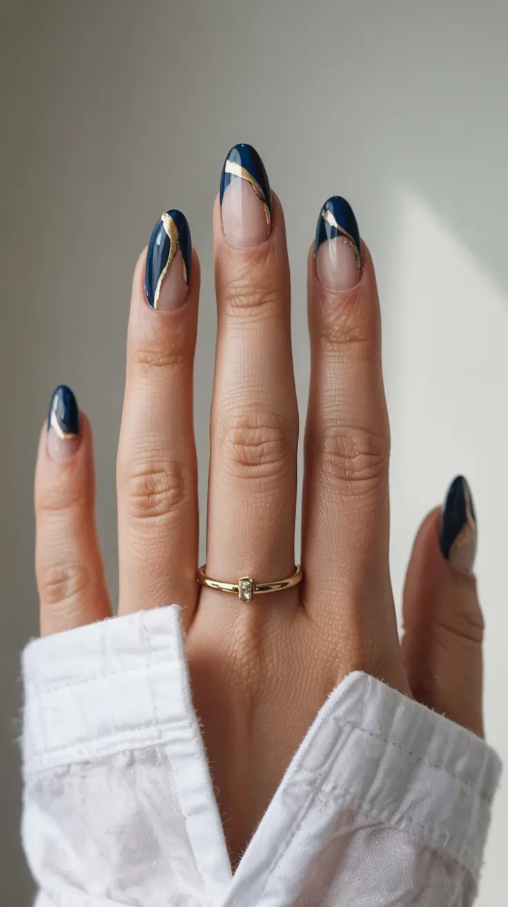 almond nails 2026 Midnight Gold Wave