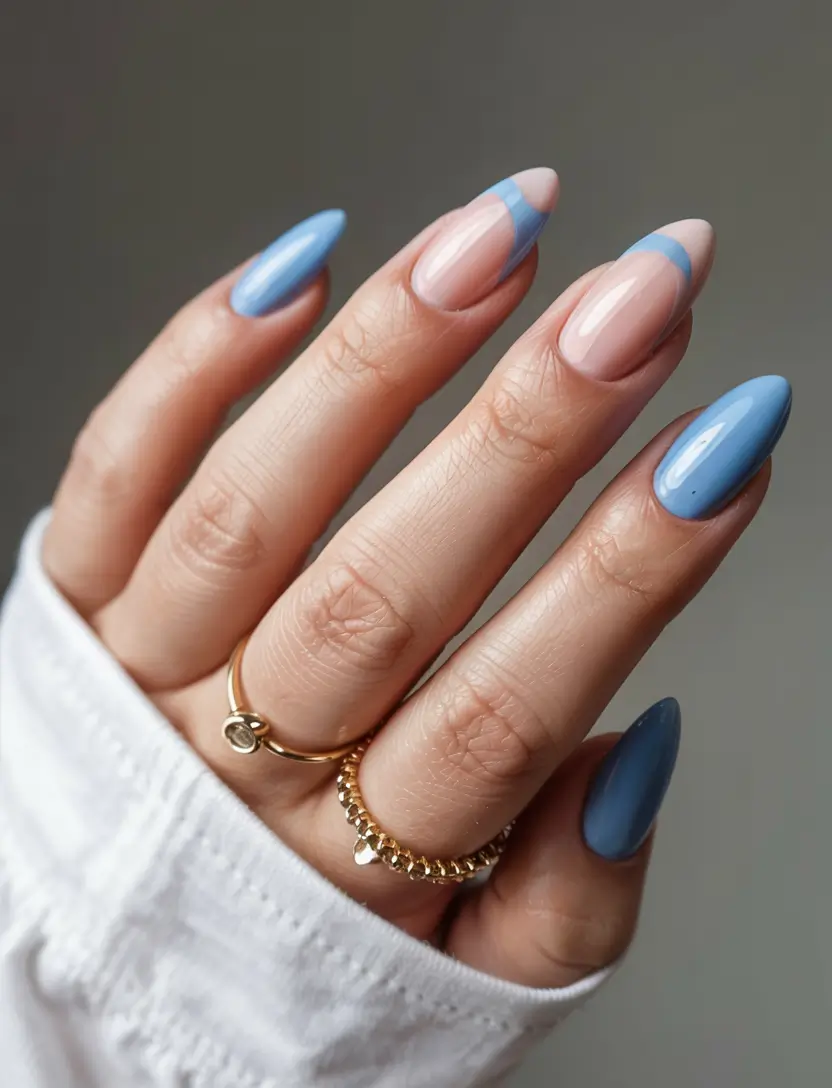 almond nails 2026 Split Blue French with a Twist