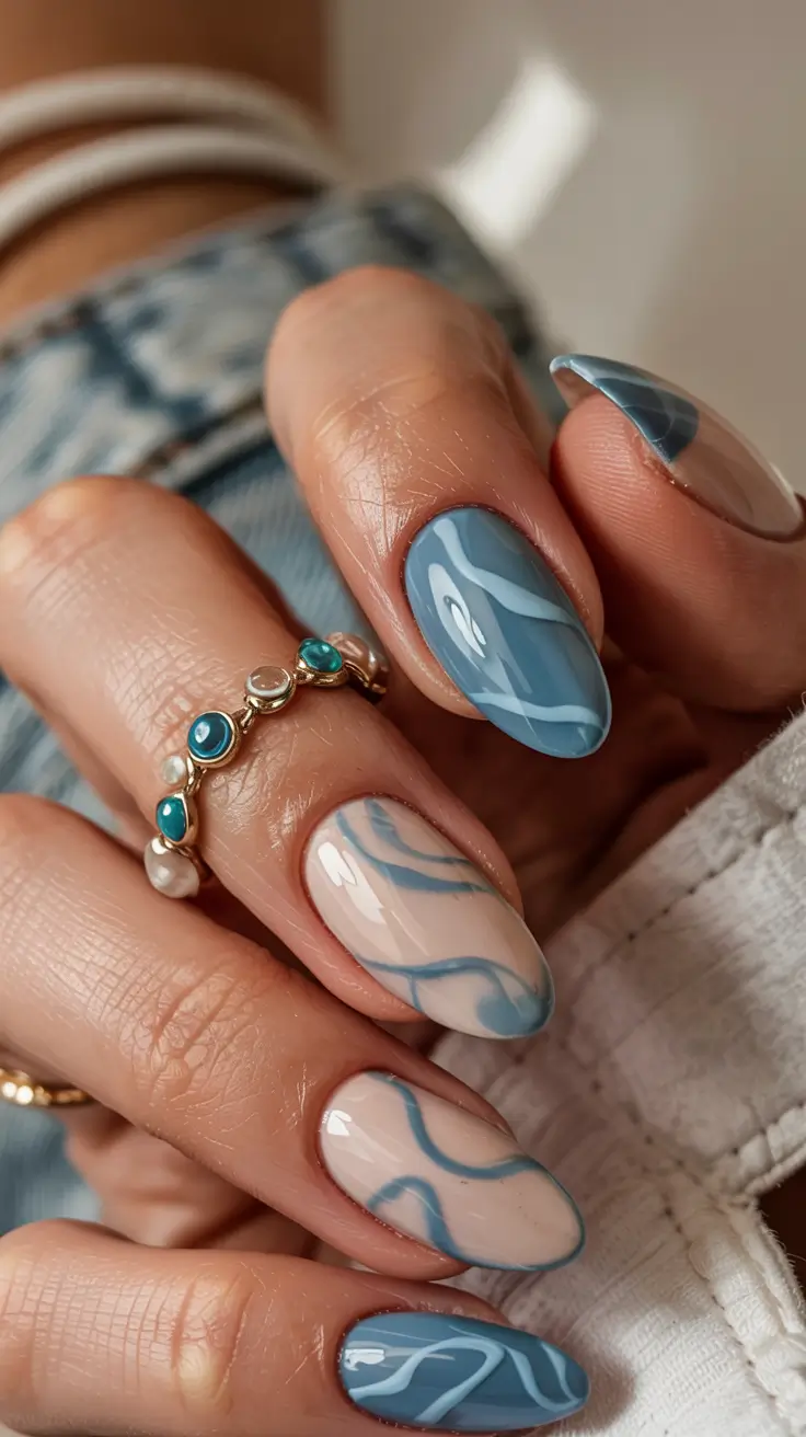 almond nails 2026 Cool Streamlines in Cerulean