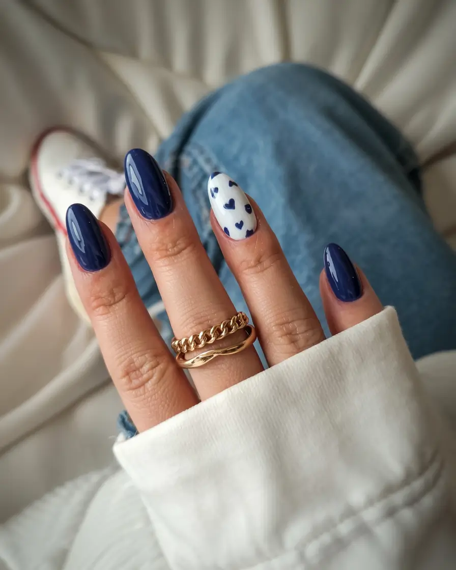 almond nails 2026 Navy Pop with Heart Accent