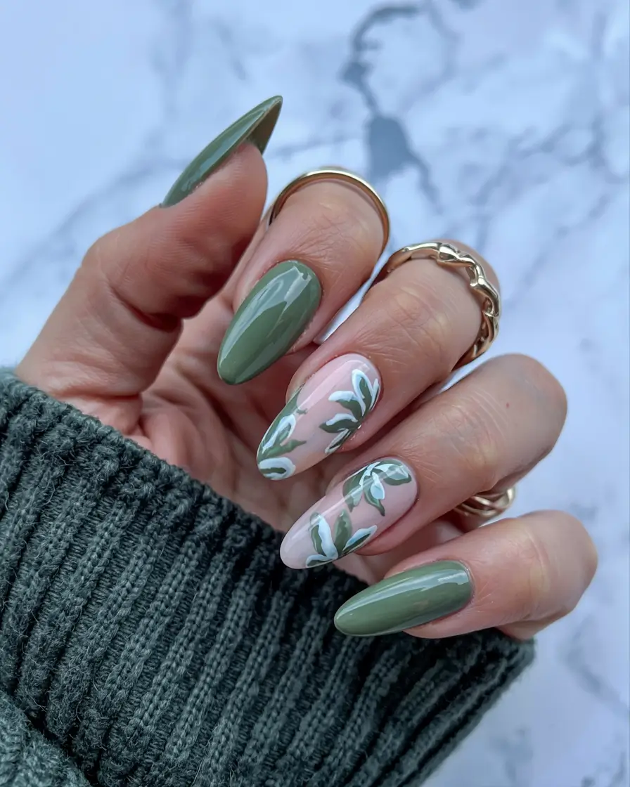 almond nails 2026 Botanical Green with Leaf Detailing