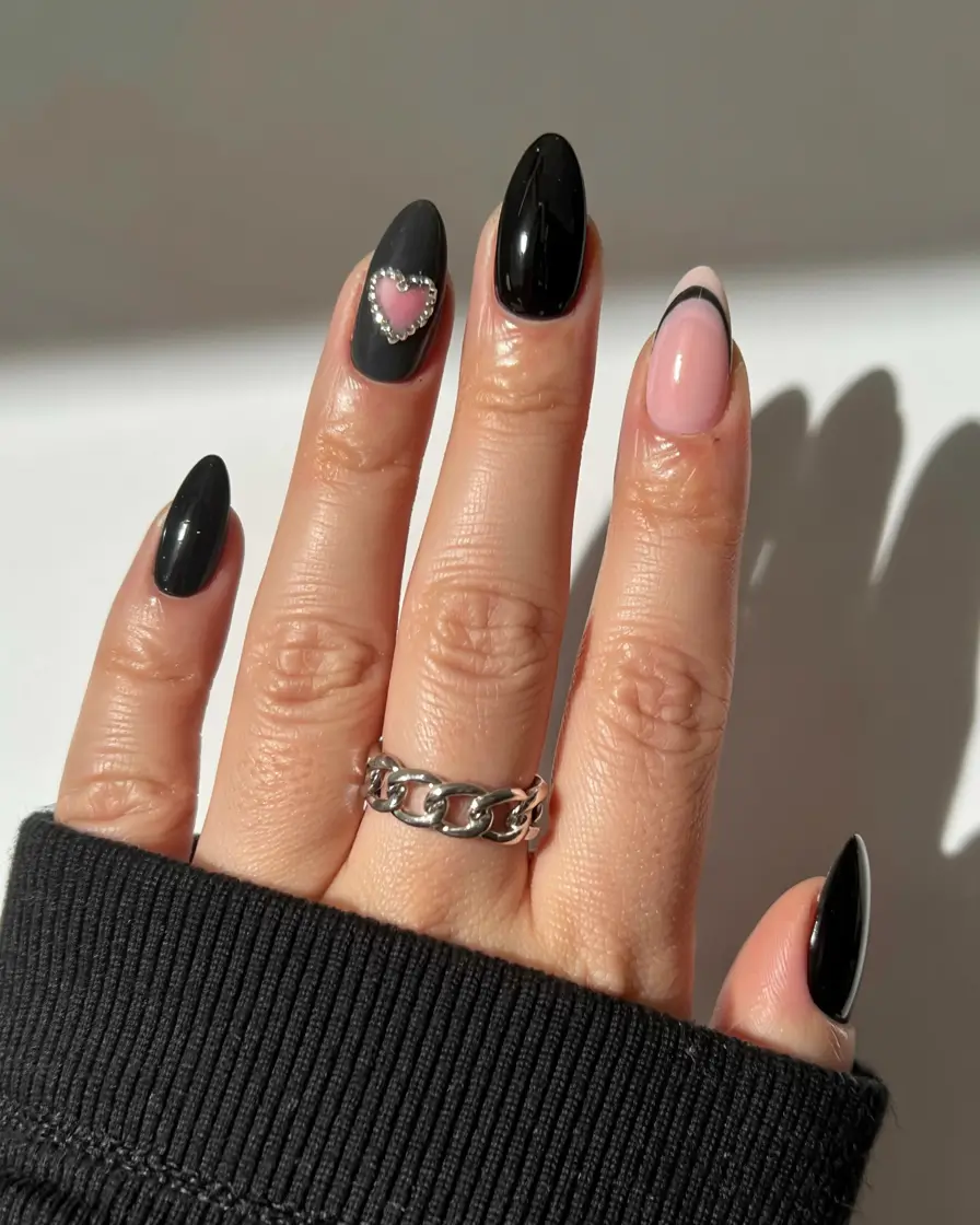 black nails 2026 Playful Hearts & Graphic Lines