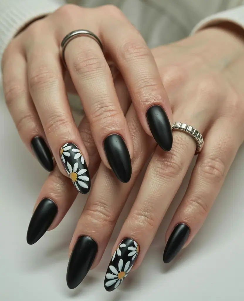 black nails 2026 Matte Florals for Moody Days