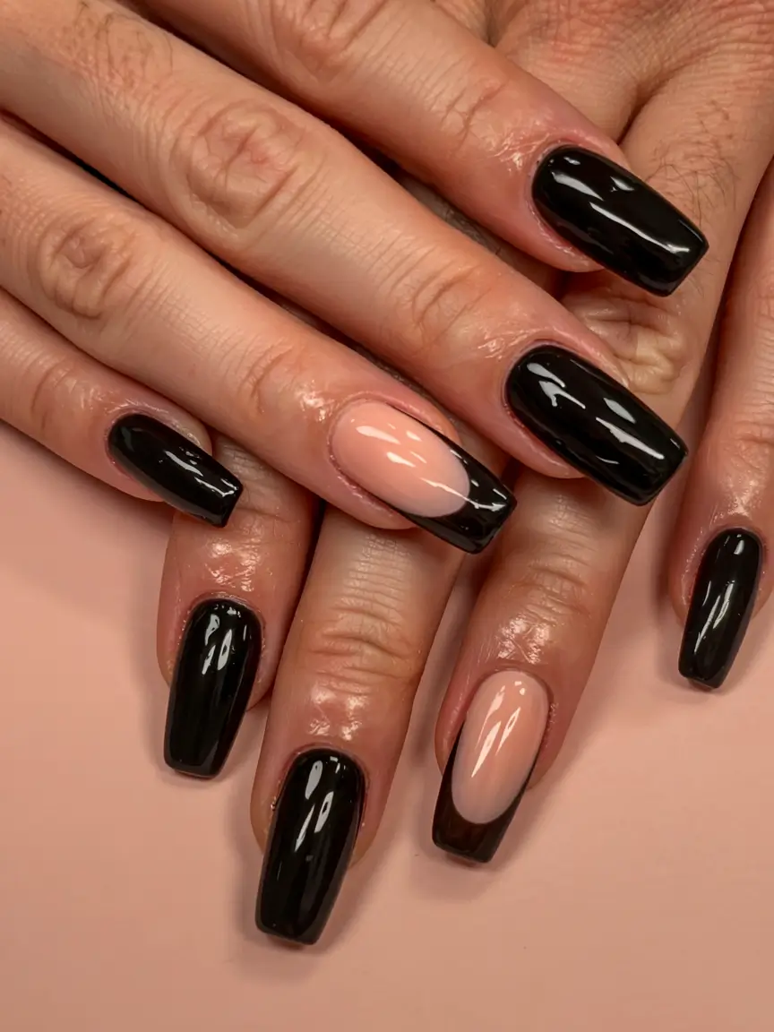 black nails 2026 Classic Coffin with a Graphic Accent
