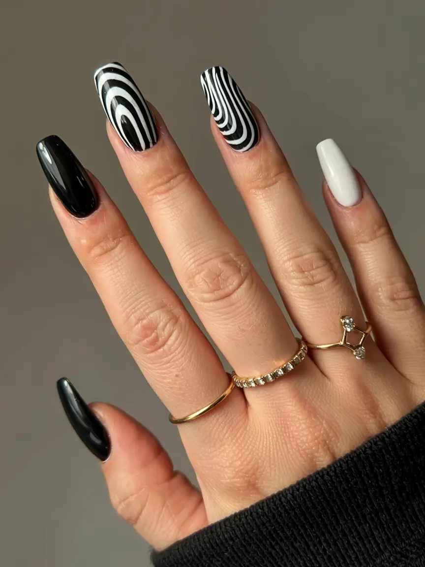 black nails 2026 Optical Illusions in Monochrome