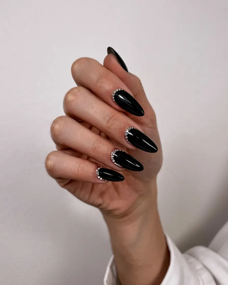 black nails 2026 Dark Elegance with Crystal Detailing