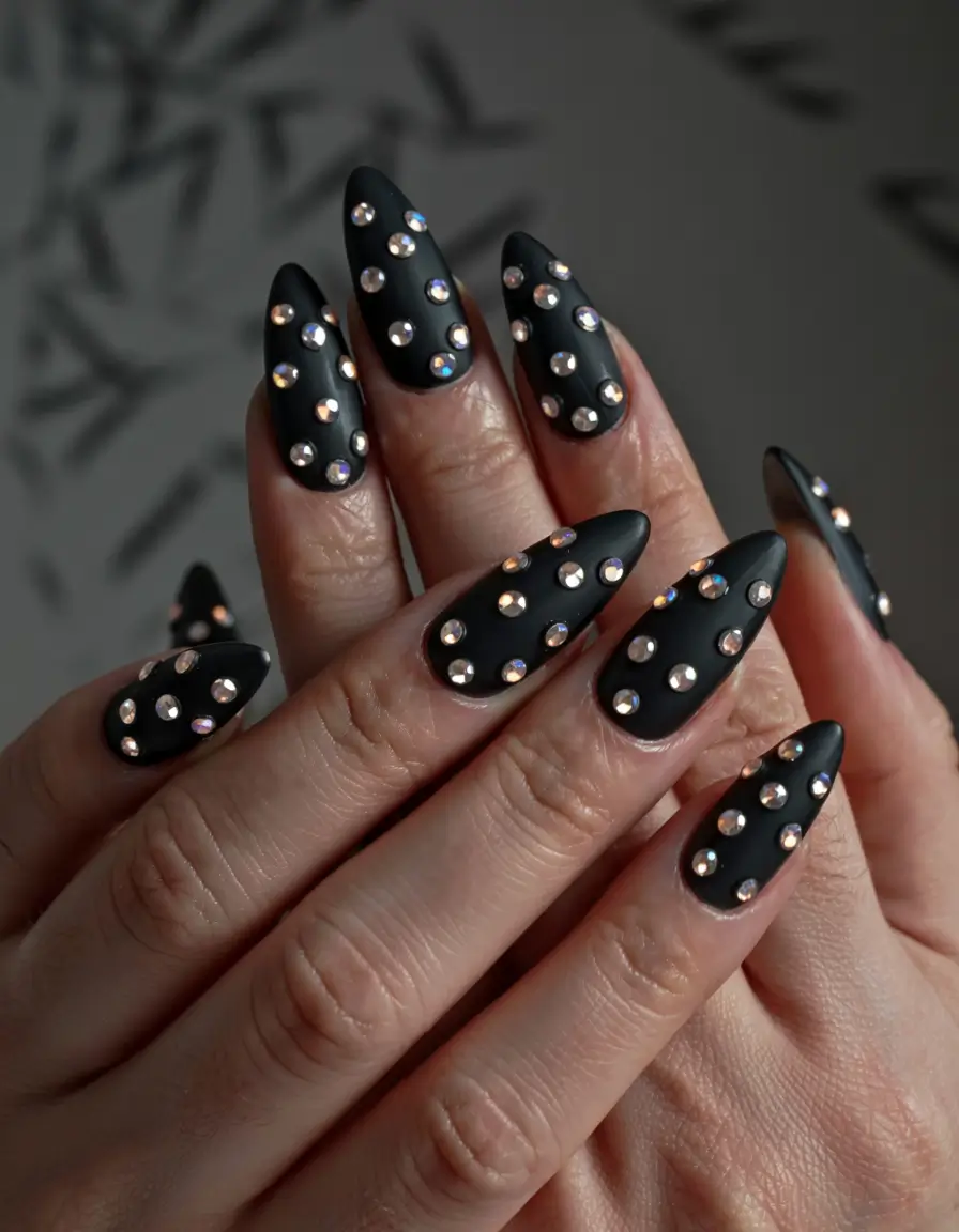black nails 2026 Studded Noir: Matte and Majestic