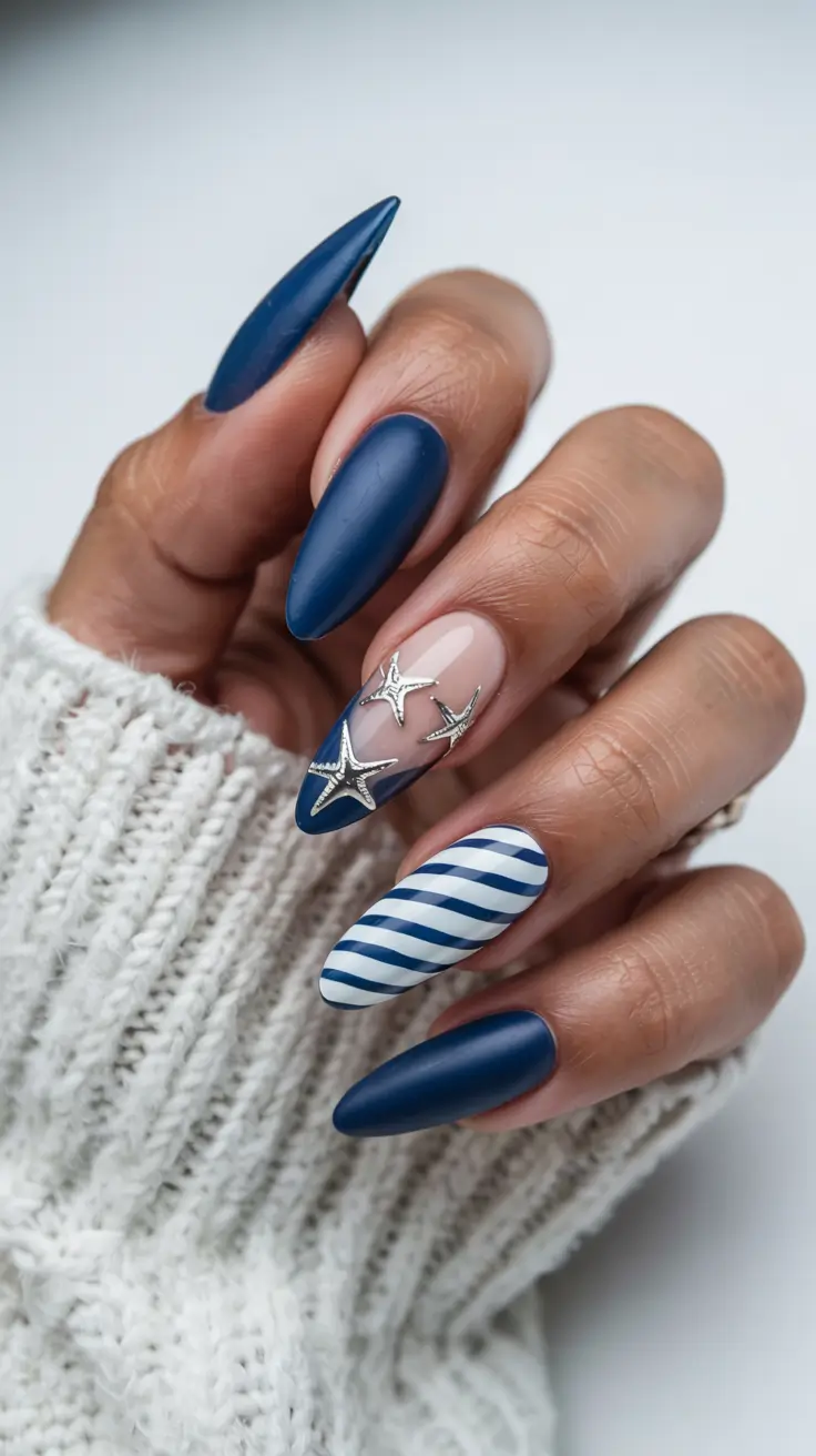 blue nails 2026 Matte Midnight and Nautical Details