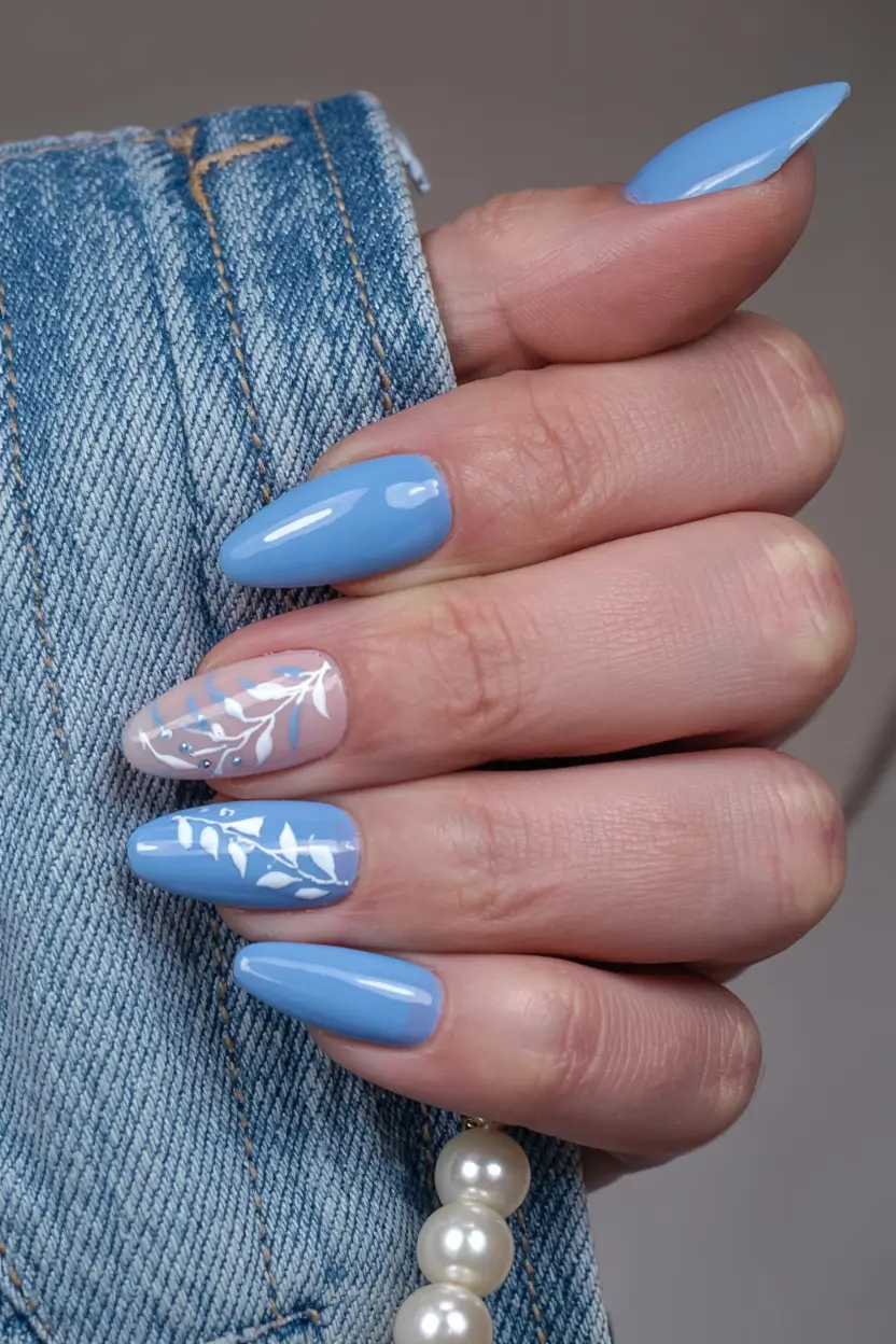 blue nails 2026 Soft Blue Florals Over Glossy Denim