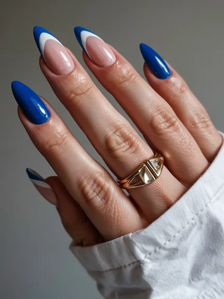 blue nails 2026 Reverse French With Graphic Geometry