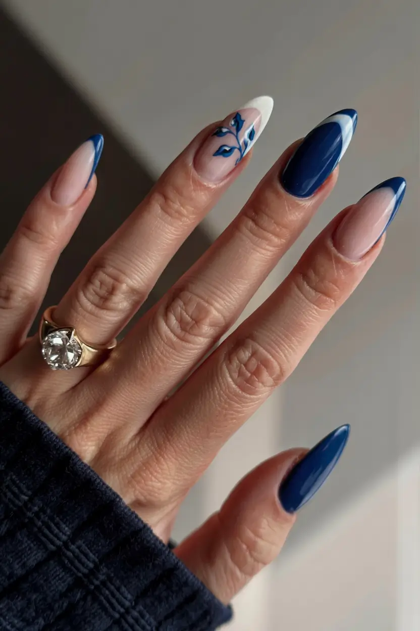 blue nails 2026 Deep Navy Meets Botanical Whisper