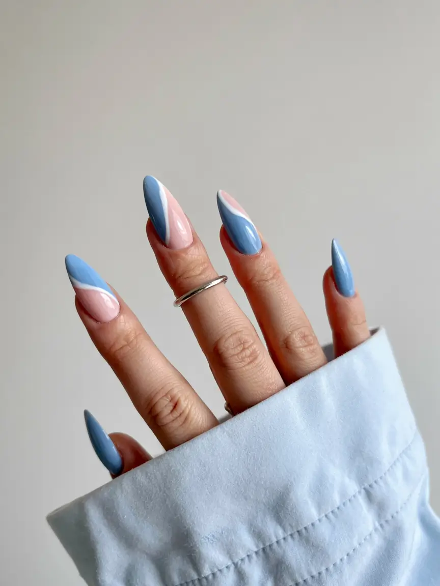 blue nails 2026 Diagonal Ice Meets Baby Pink Balance