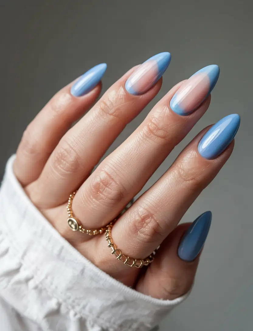 blue nails 2026 Clean Sky Fade on Almond Tips