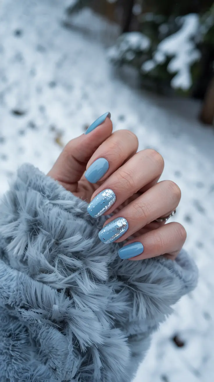 blue nails 2026 Frosted Periwinkle With Silver Foil Drama