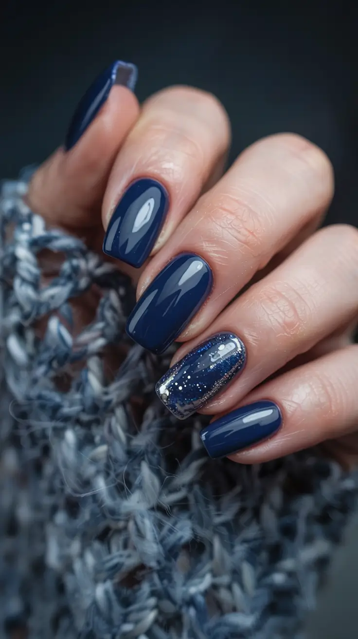 blue nails 2026 Classic Navy With Glittering Accent Drama