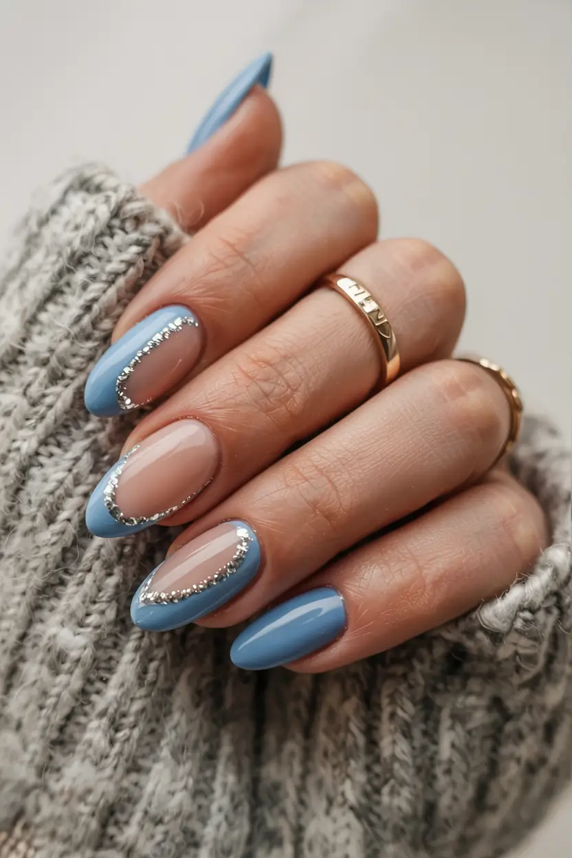 blue nails 2026 Sky Blue Edges with Silver Crowning