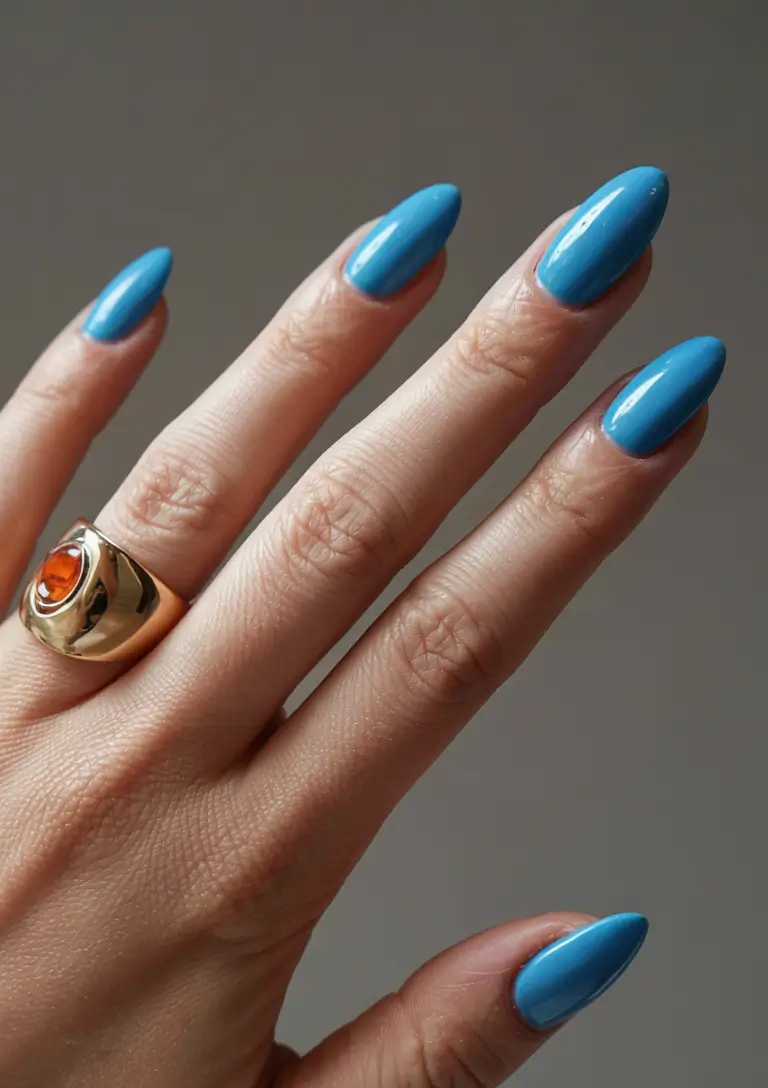 blue nails 2026 Ocean Spray Teal on Almond Nails