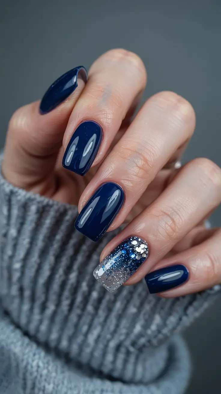 blue nails 2026 Midnight Sparkle With Glitter Gradient