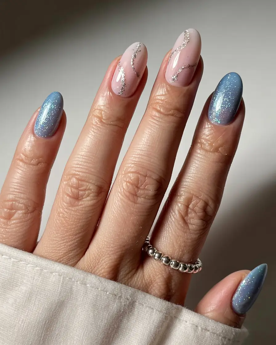 blue nails 2026 Opalescent Sparkle With Silver Lining Swirls