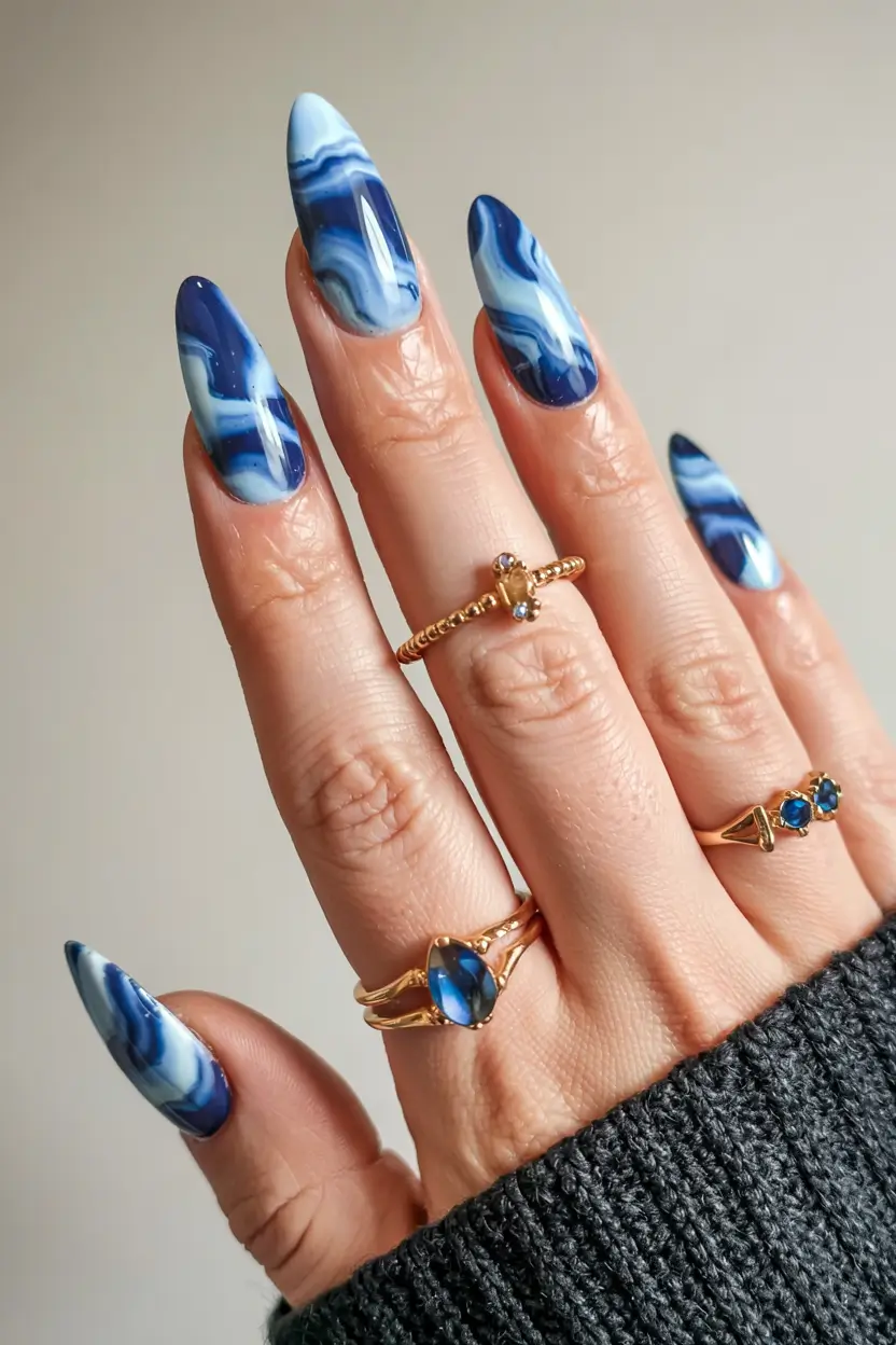 blue nails 2026 Agate Marble With Cerulean Waves