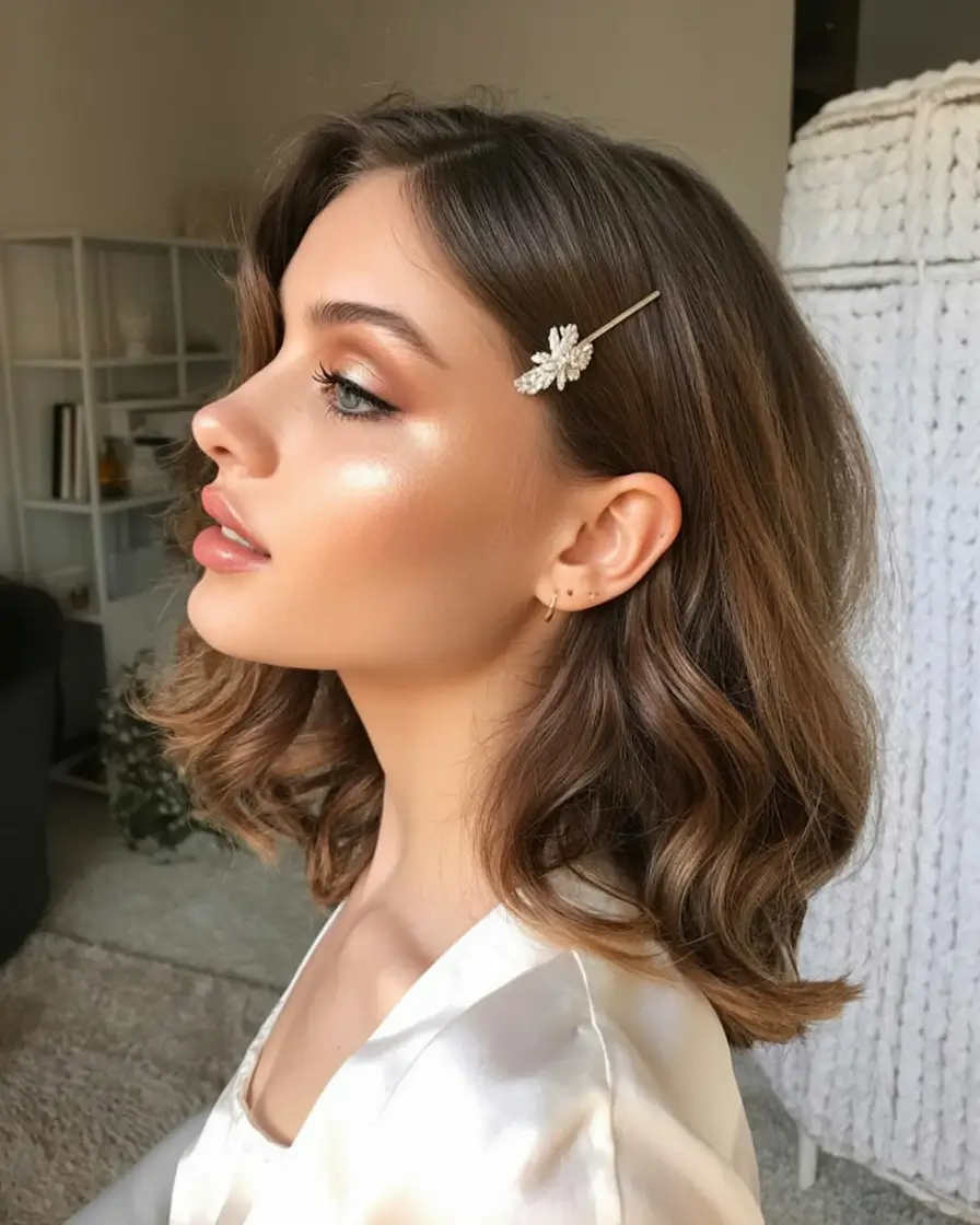 bob hairstyles ideas 2026 Glossy Soft Waves with Pearl Hair Clip Accent