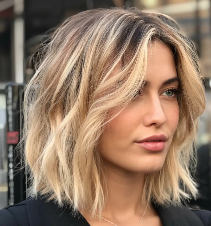 bob hairstyles ideas 2026 Textured Wavy Bob with Rooty Highlights