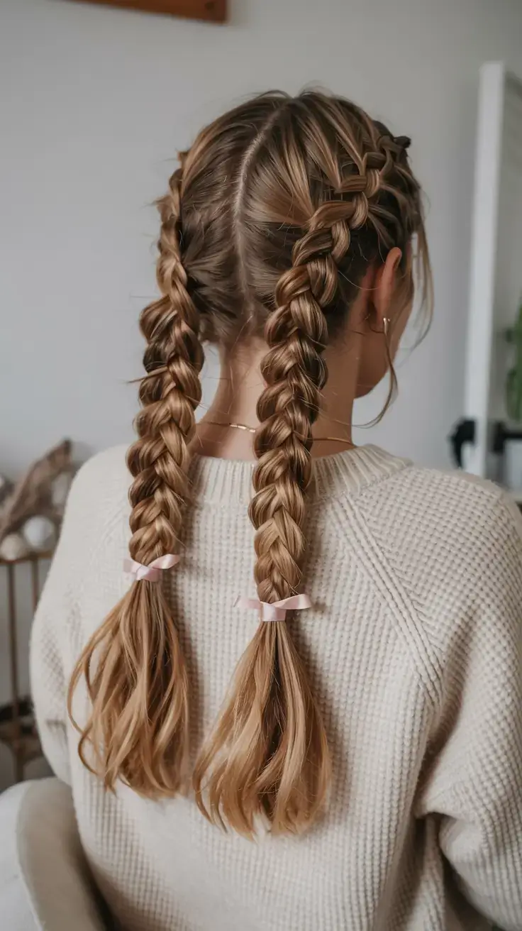 braids hairstyle ideas 2026+Chunky Braids with Playful Ribbon Ties