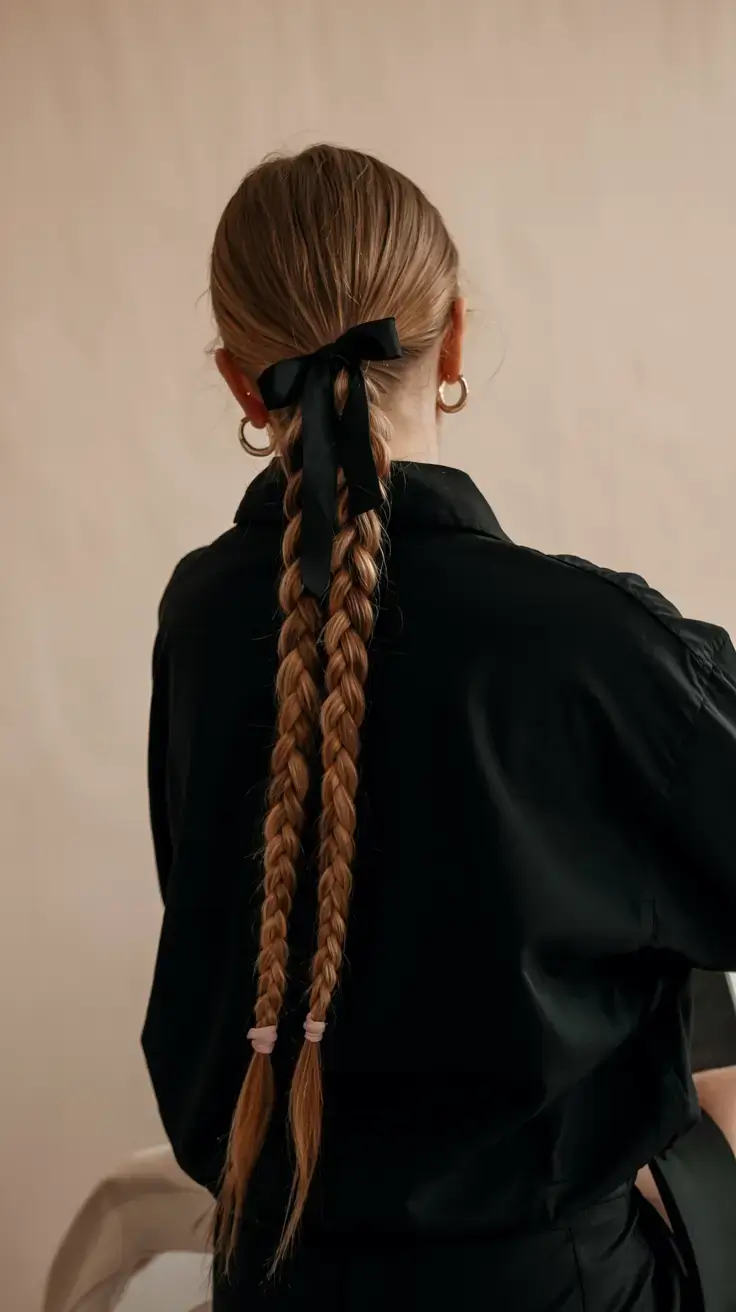 braids hairstyle ideas 2026+Sleek Double Braids with a Statement Bow