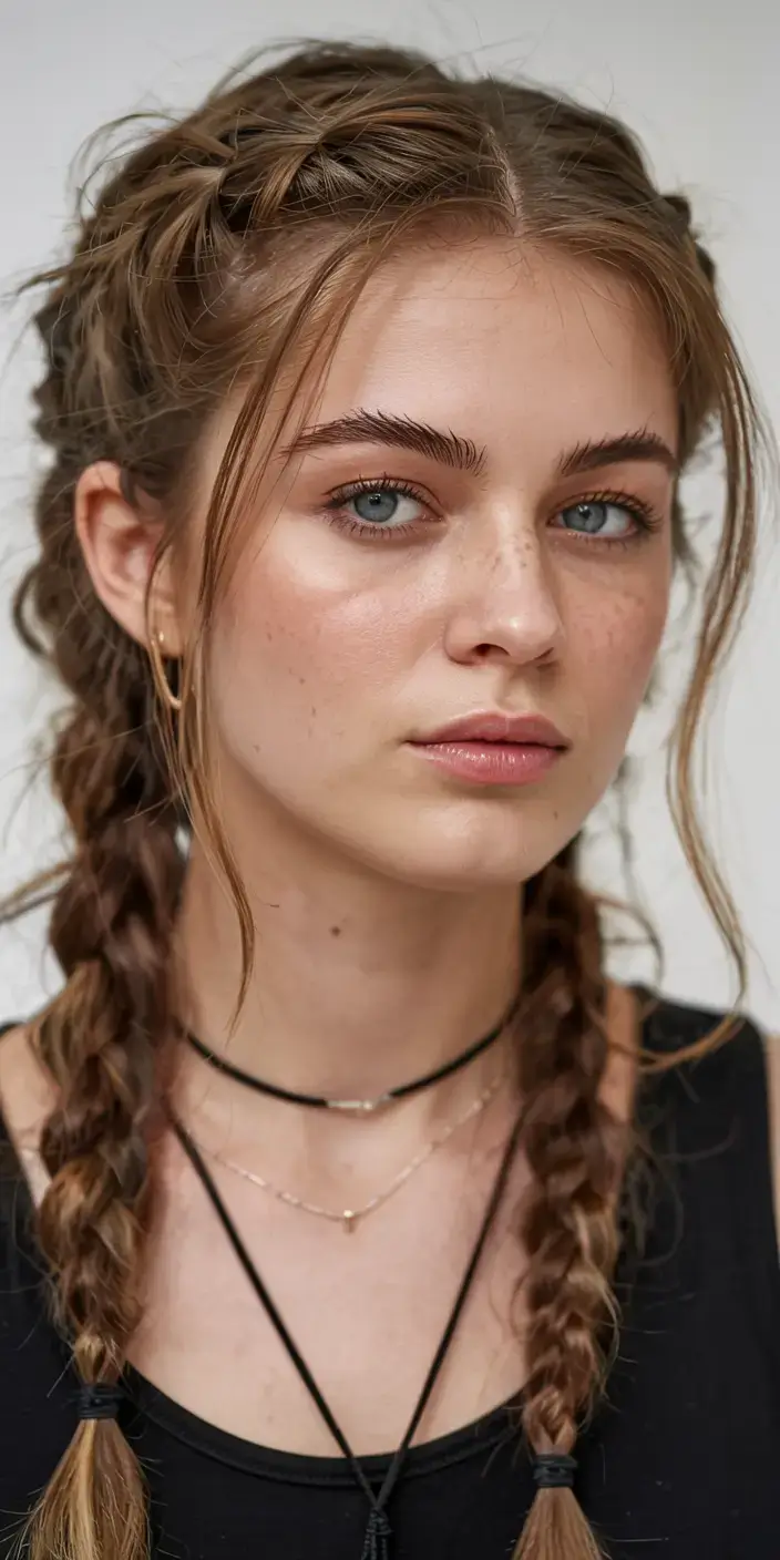 braids hairstyle ideas 2026+Textured Boho Twin Braids with Flyaway Energy