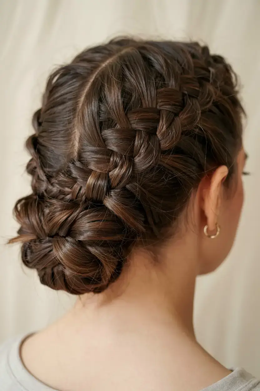 braids hairstyle ideas 2026+Intricate Braided Updo with Crowned Swirl Finish