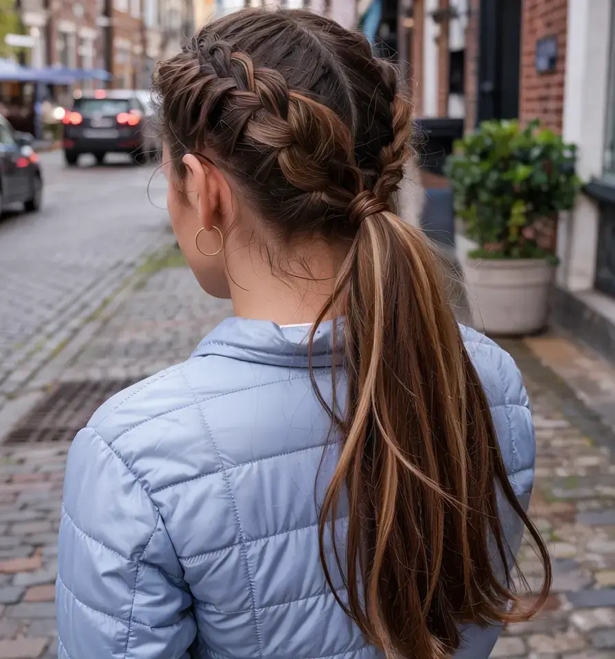 braids hairstyle ideas 2026+Diagonal Halo Braid into Low Ponytail