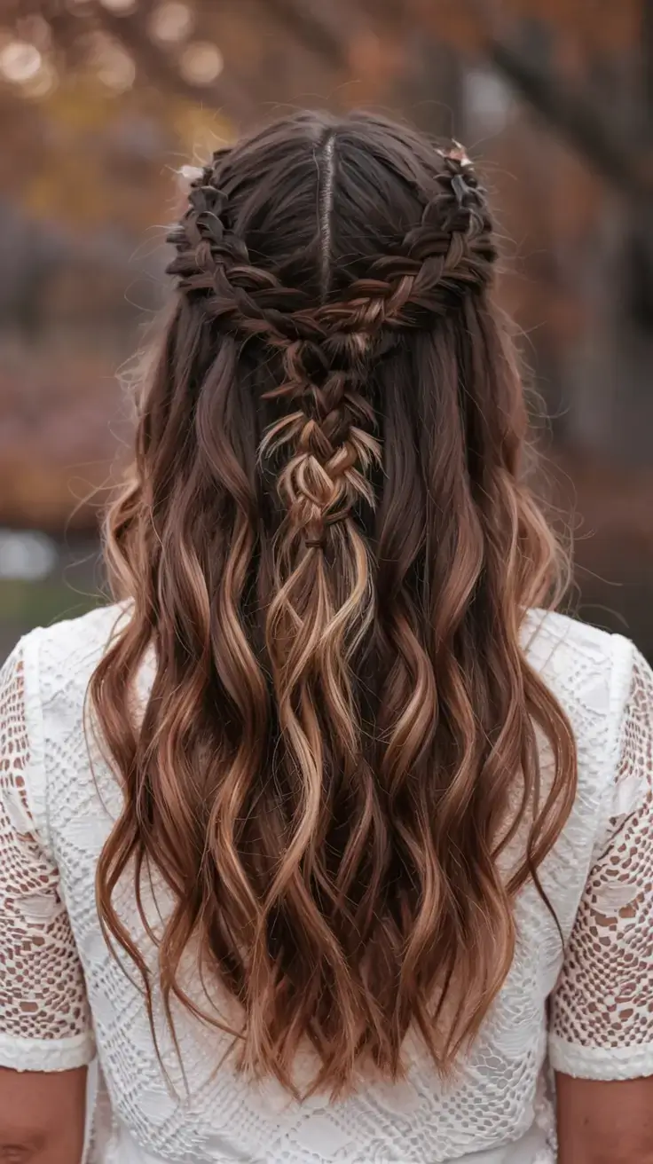 braids hairstyle ideas 2026+Half-Up Braid Crown with Soft Waves