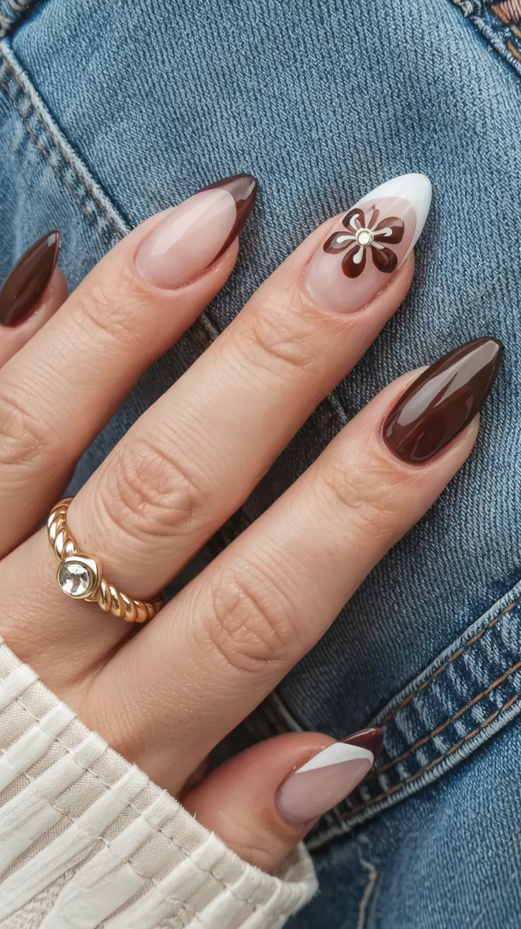 brown nails 2026 Retro Bloom with a Modern French Twist