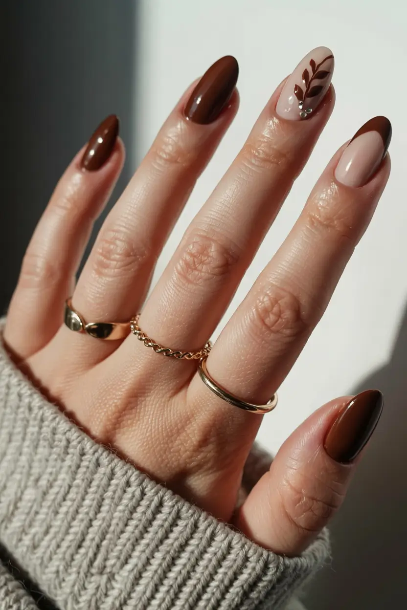 brown nails 2026 Fall Foliage in a French Frame