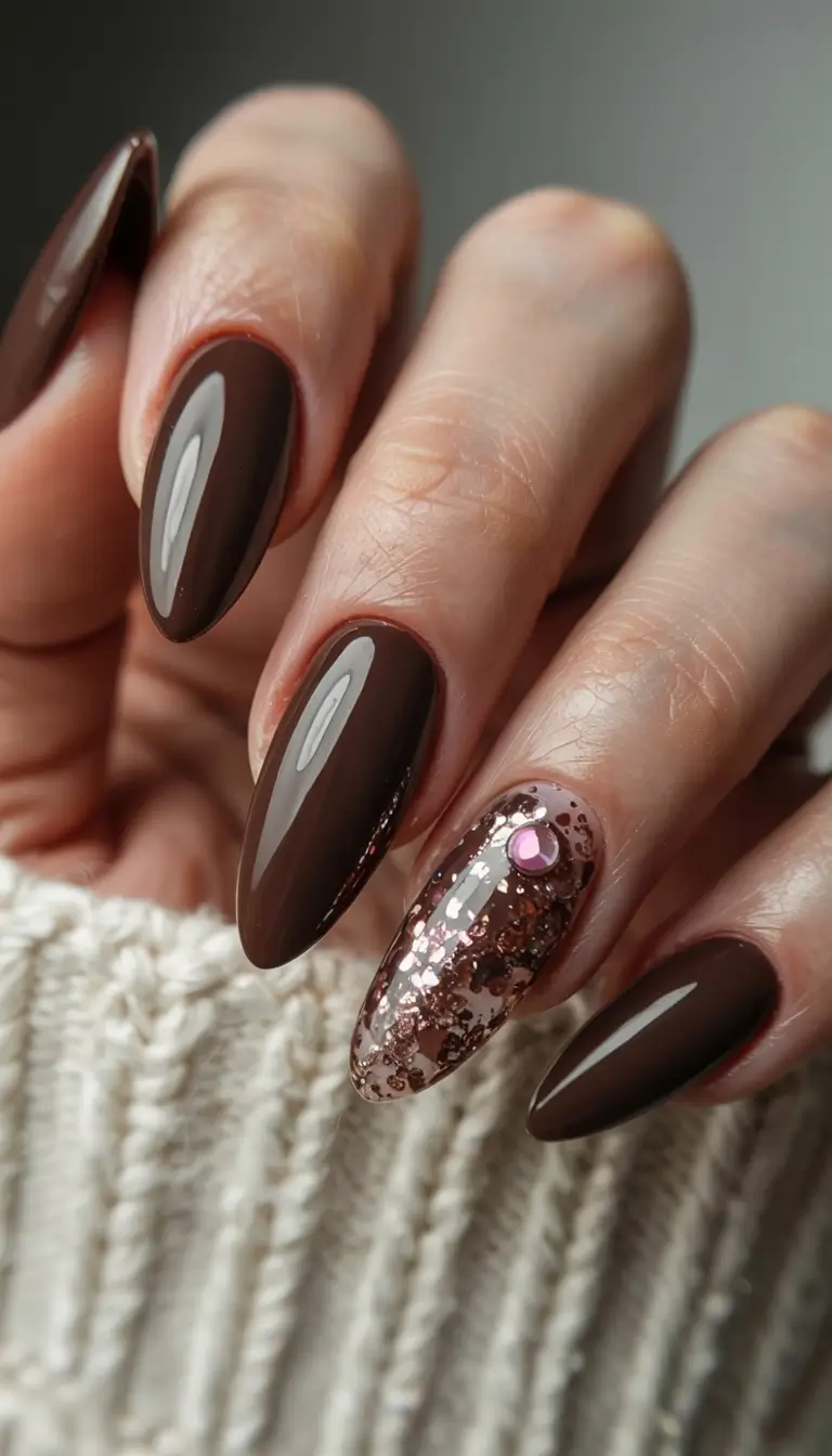 brown nails 2026 Espresso Sparkle with Rose Quartz Edge