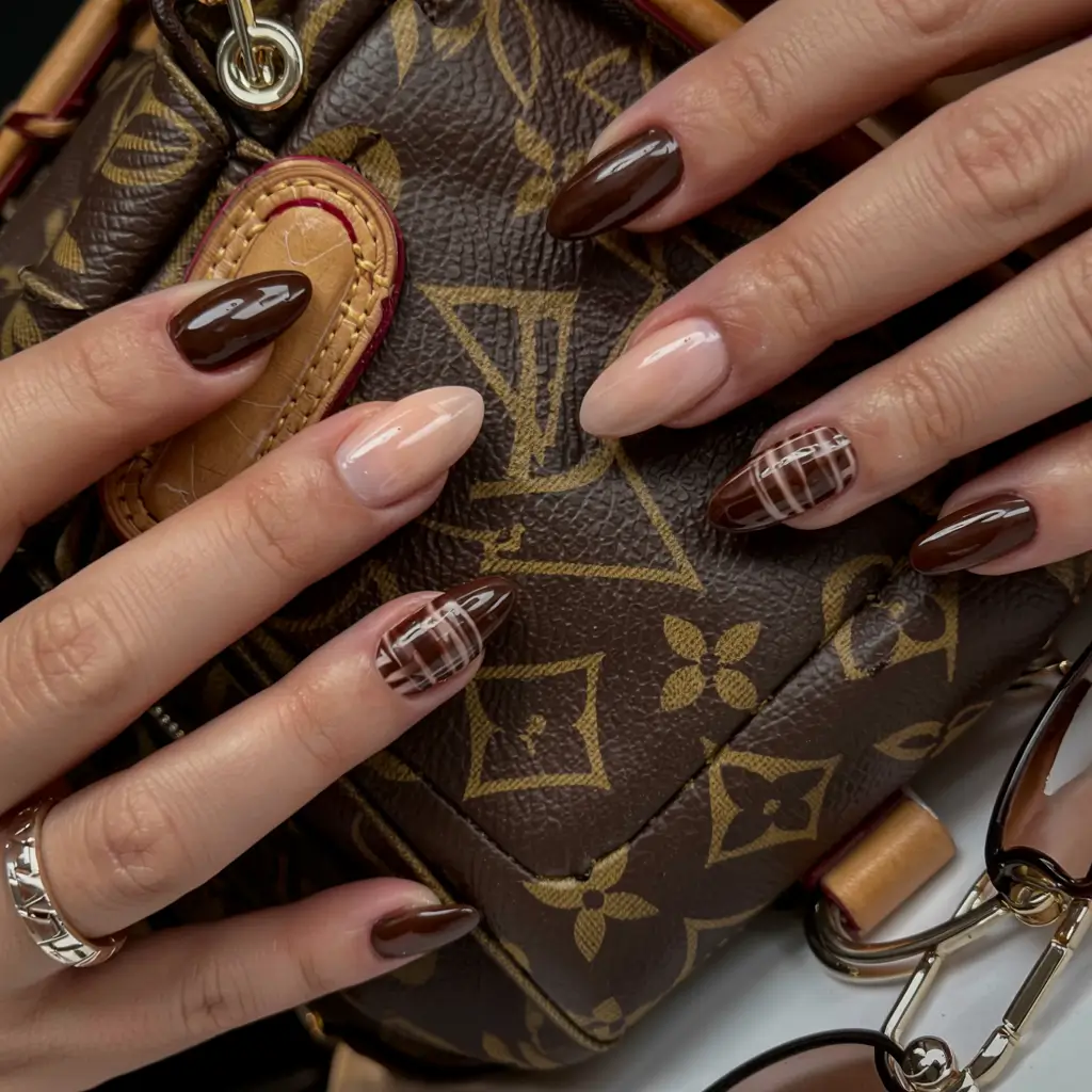 brown nails 2026 Latte Layers & Plaid Details
