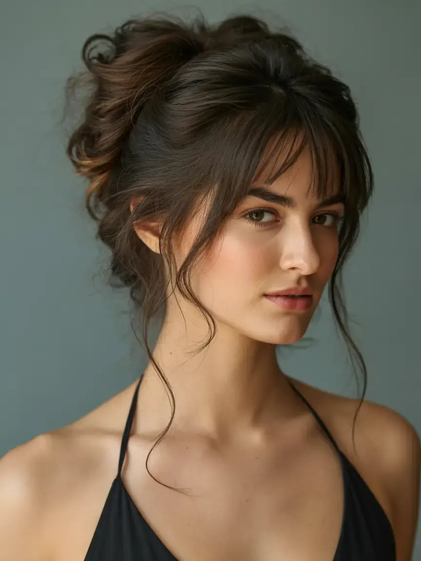buns hairstyle ideas 2026 Voluminous Bun with Bottleneck Bangs