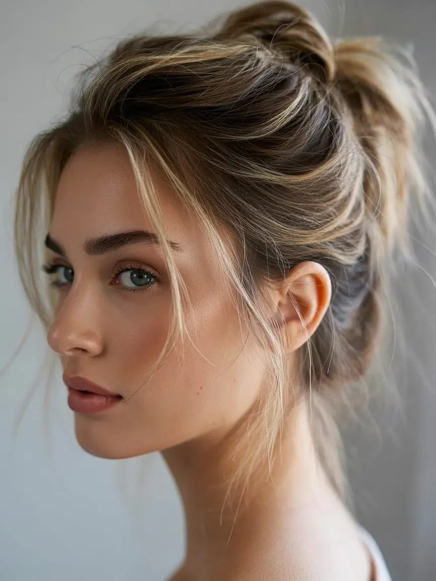 buns hairstyle ideas 2026 Airy Blonde High Bun