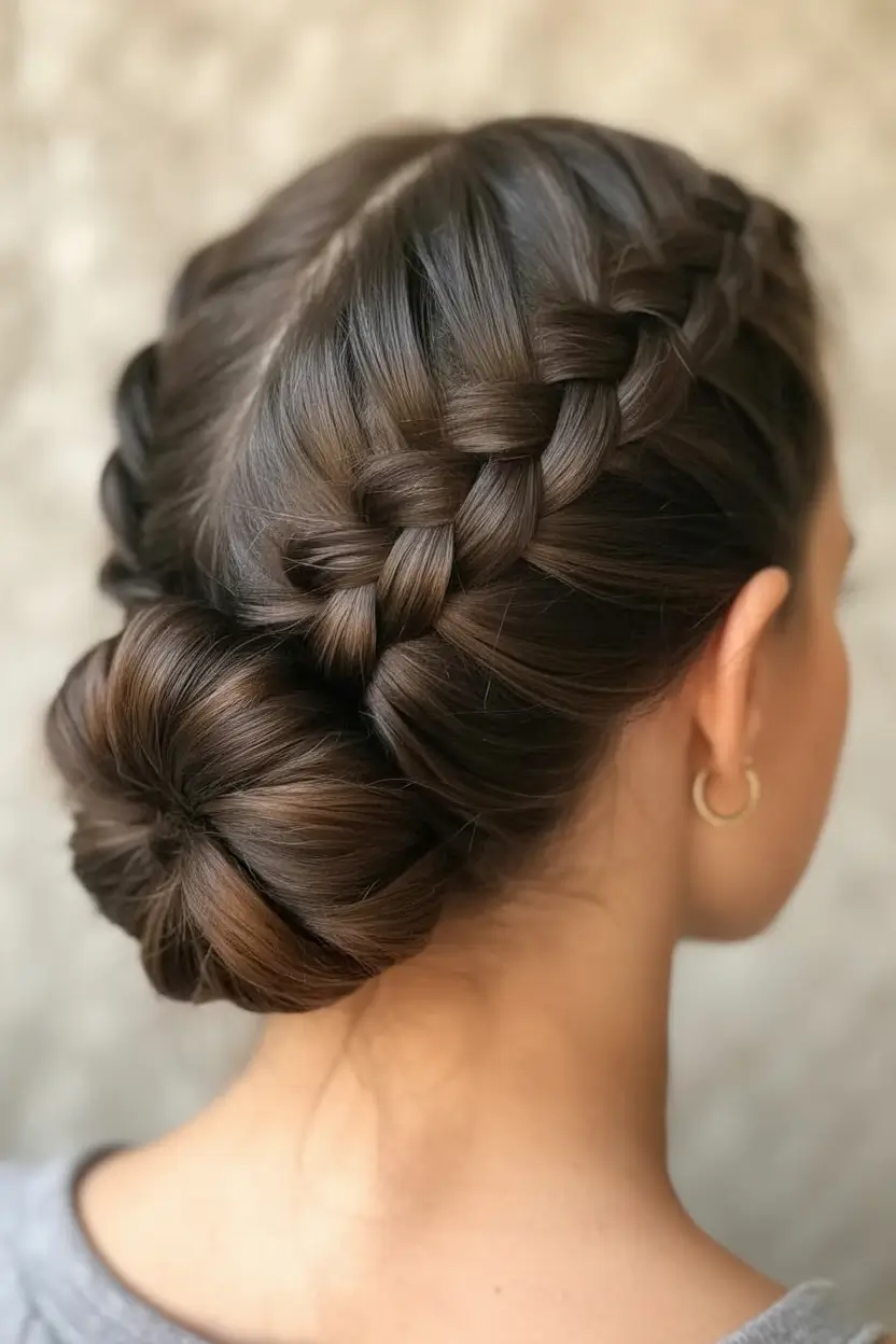 buns hairstyle ideas 2026 The Braided Crown into Low Loop