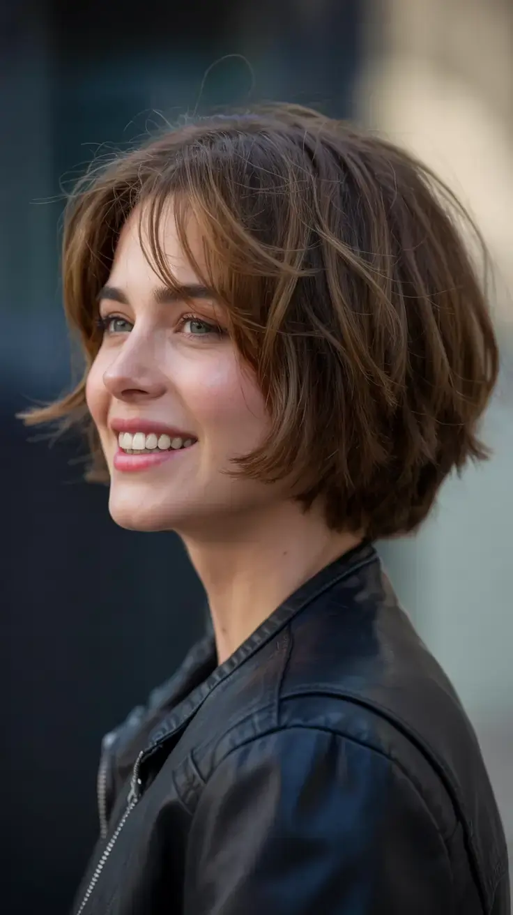 Choppy Bob Haircuts ideas 2026 Layered Bob with Swoopy Bangs and Undone Ends