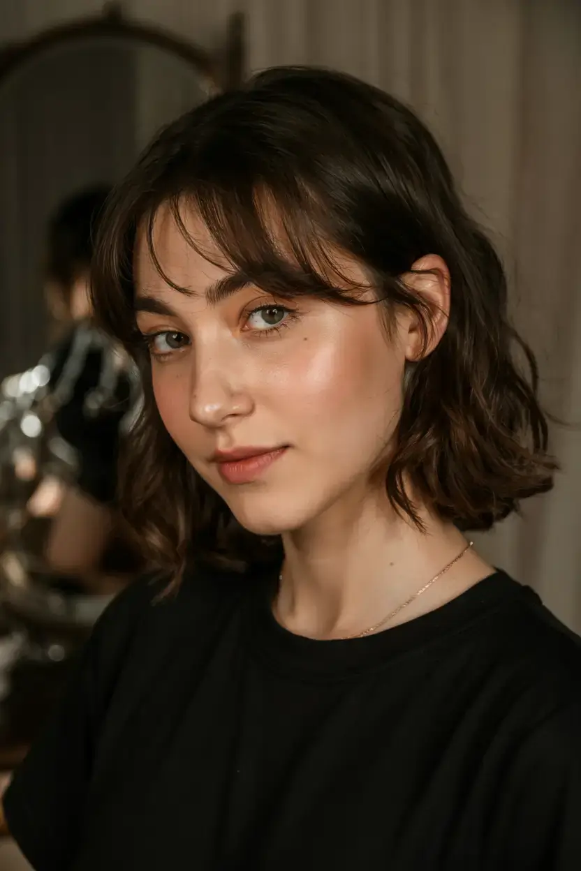 Choppy Bob Haircuts ideas 2026 Glossy Espresso Chop with Curtain Bangs